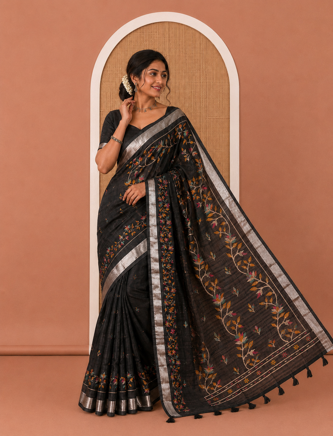 Black Jute Linen Saree Features Jamdani Floral Motifs, a Zari Border, Pallu of Jamdani Floral Design, and a Plain Blouse
