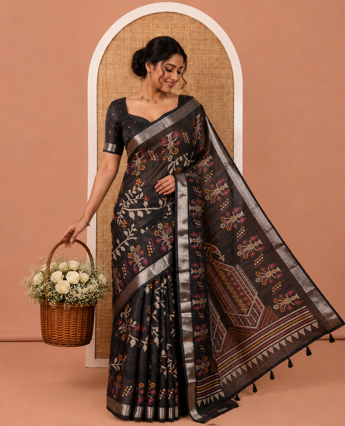 Black Jute Linen Saree, Accentuated with Jamdani Buttas, a Zari Border, Paisley Pallu and a Printed Blouse