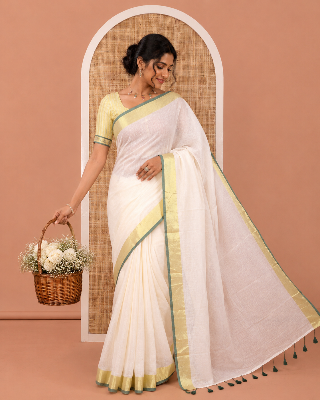 Cream-Green Plain Khadi Mul Cotton Saree, a Contrast Bavanji Zari Border, a Self-Pallu, and No Blouse