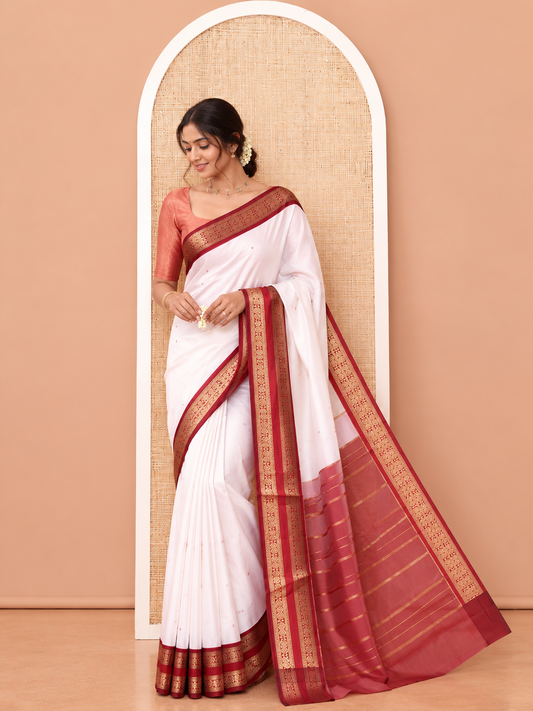 Cream-Red Elite Soft Silk Saree, Adorned with Buttas, Contrast Traditional Rettai Pettu Border, Striped Pallu, and Contrast Blouse