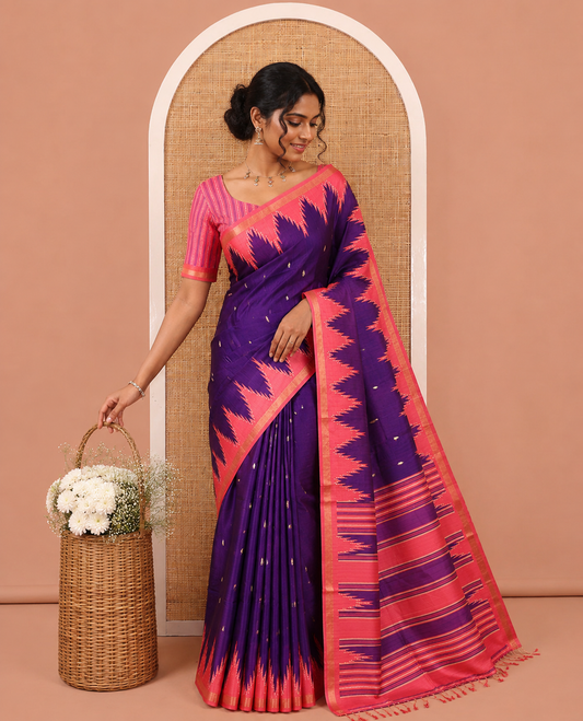 Purple Kathan Silk Saree Adorned with Buttas, Contrast Temple Border, Temple pallu, and Striped Blouse