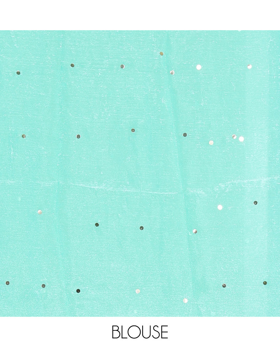 Borderless Turquoise Fendy Chiffon Saree, Gleamed Up with Sequin Work on Its Body, Highlighted by a Self-Pallu of Sequin Work, and Paired with a Matching Blouse