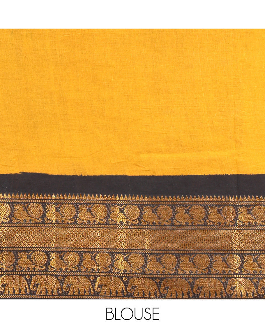 Mustard-Black Sungudi Cotton Half-Saree, Plain Skirt, Contrast Elephant-Peacock Border, a Contrast Blouse, a Matching Blouse, and a Contrast Elephant Motif Dhavani