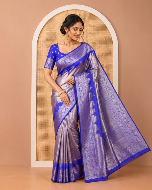 Royal Blue Tissue-Zari Litchi Saree, a Temple Kodi Visiry Border, Grand Pallu, and Matching Blouse