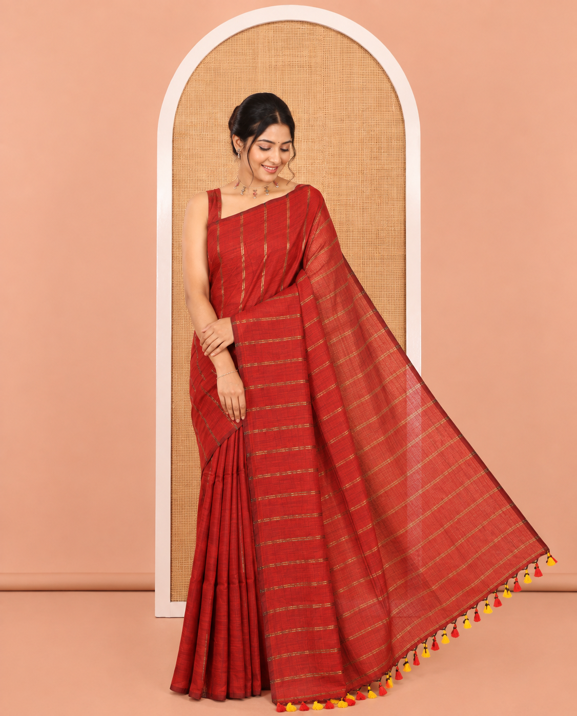 Borderless Maroon Khadi Cotton Saree Features Double Stripes, a Self-Pallu of Tassels, and a Matching Blouse