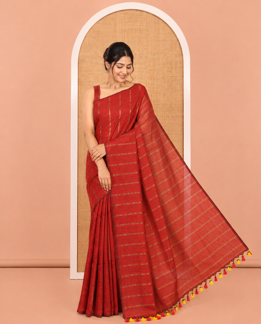 Borderless Maroon Khadi Cotton Saree Features Double Stripes, a Self-Pallu of Tassels, and a Matching Blouse