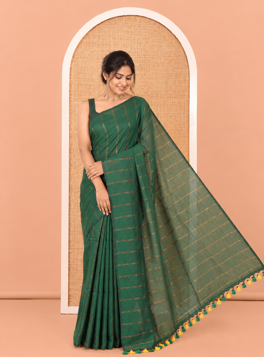 Borderless Peacock Green Khadi Cotton Saree Features Double Stripes, a Self-Pallu of Tassels, and a Matching Blouse