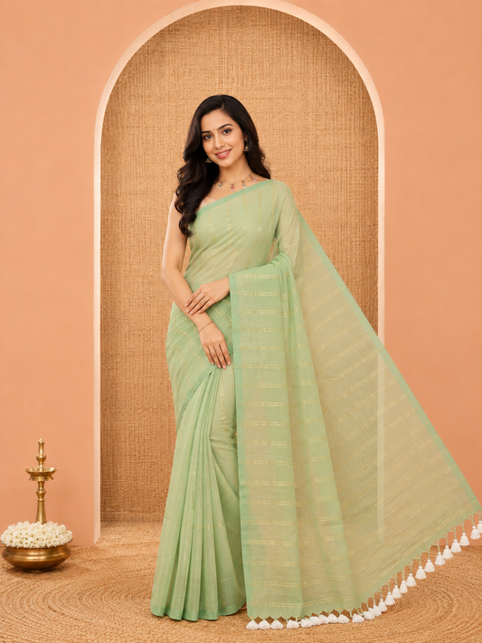 Borderless Pista Green Khadi Mul Cotton Saree, Adorned with Vertical Zari Stripes, a Self-Pallu, and No Blouse