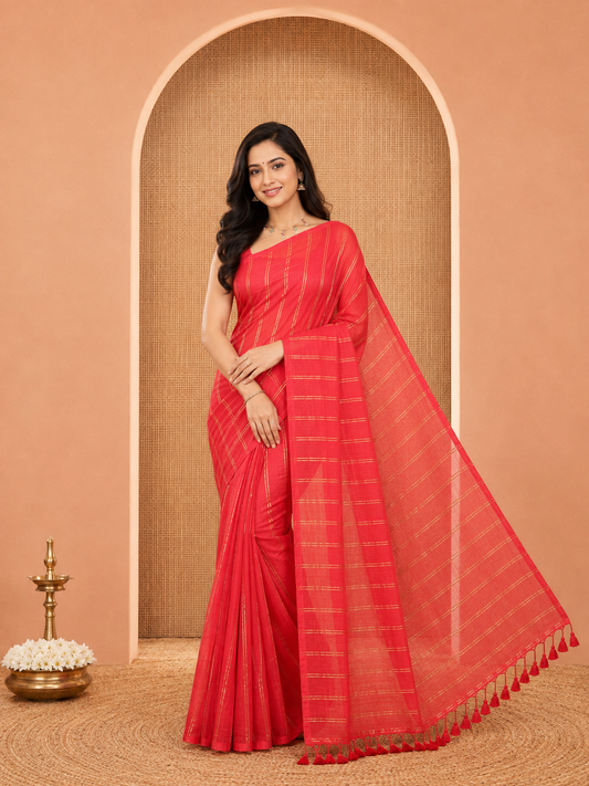 Borderless Red Khadi Mul Cotton Saree, Adorned with Vertical Zari Stripes, a Self-Pallu, and No Blouse