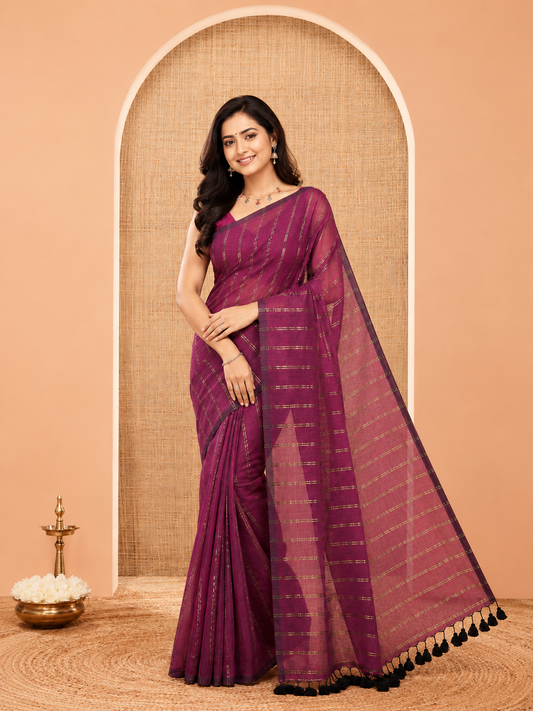 Borderless Purple Khadi Mul Cotton Saree, Adorned with Vertical Zari Stripes, a Self-Pallu, and No Blouse