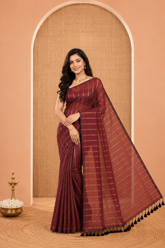 Borderless Wine Khadi Mul Cotton Saree, Adorned with Vertical Zari Stripes, a Self-Pallu, and No Blouse
