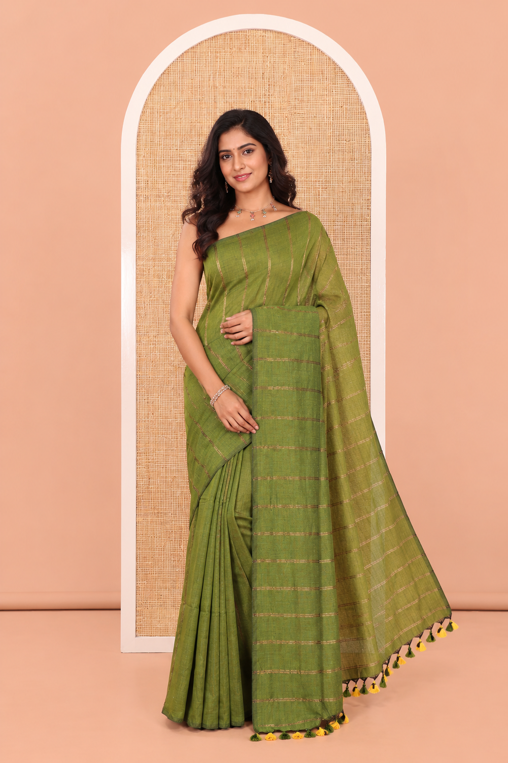 Borderless Olive Green Khadi Cotton Saree Features Double Stripes, a Self-Pallu of Tassels, and a Matching Blouse