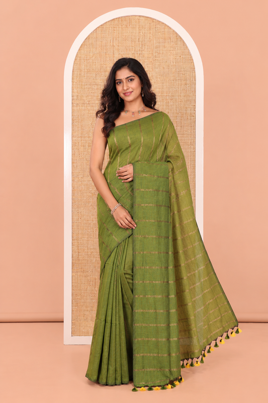 Borderless Olive Green Khadi Cotton Saree Features Double Stripes, a Self-Pallu of Tassels, and a Matching Blouse