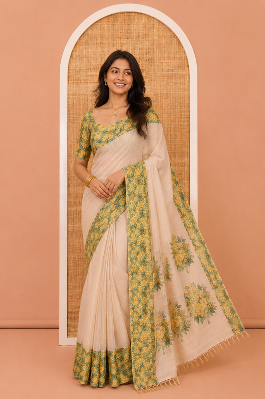 Gold Plain Tissue Saree, Complemented by Contrast Floral-Leaf Printed Border, a Self-Pallu, and a Contrast Blouse