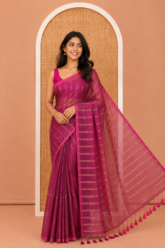 Borderless Violet Khadi Mul Cotton Saree, Adorned with Vertical Zari Stripes, a Self-Pallu, and No Blouse