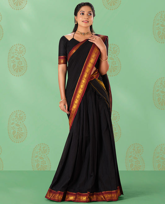 Black cotton Readymade half saree contrast zari border with plain blouse & plain dhavani with contrast elephant zari border