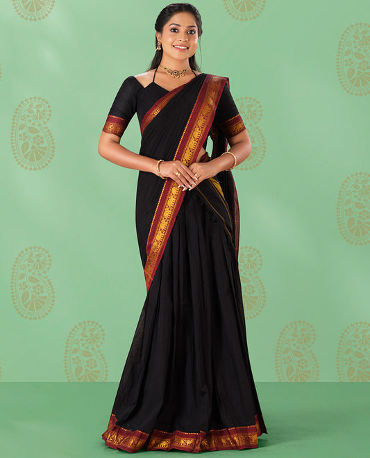 Black cotton Readymade half saree contrast zari border with plain blouse & plain dhavani with contrast elephant zari border