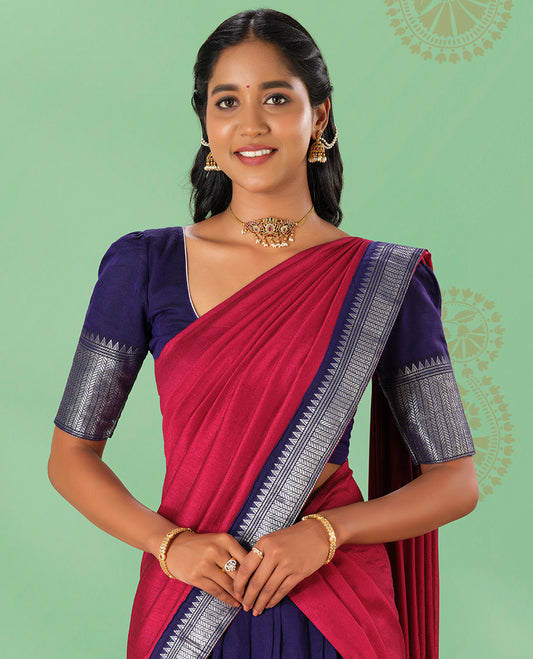Purple cotton Readymade  half saree with contrast zari border, plain blouse & plain with zari border dhavani