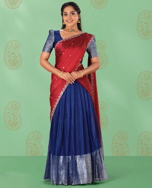 Blue organza readymade half saree with self zari design border, zari design blouse & floral embroidered dhavani