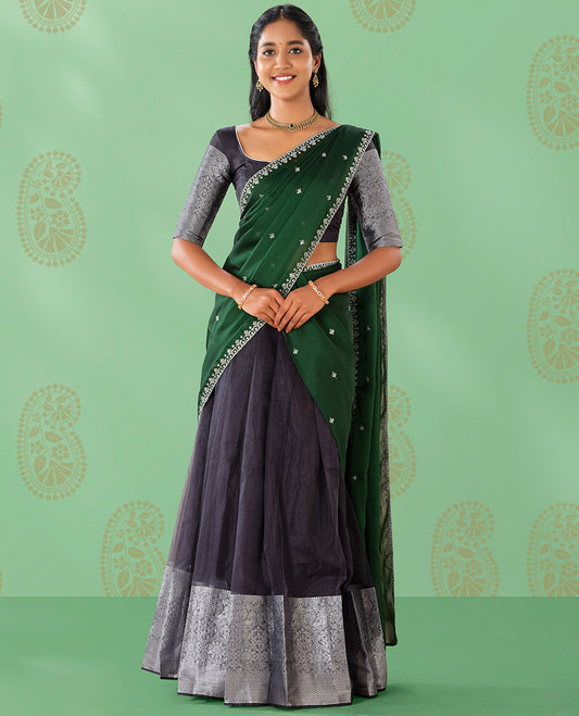 Black organza readymade half saree with self zari design border, zari design blouse & floral embroidered dhavani