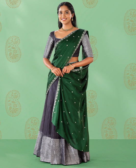 Black organza readymade half saree with self zari design border, zari design blouse & floral embroidered dhavani