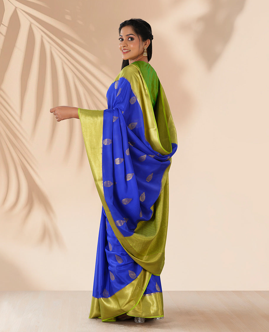 Blue buttas mysore silk saree with contrast ogee zari design border & intricate striped design pallu