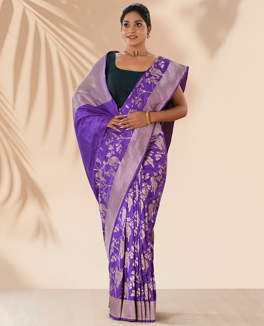 Purple floral jacquard banaras silk saree with self checked design border & intricate checked floral design pallu