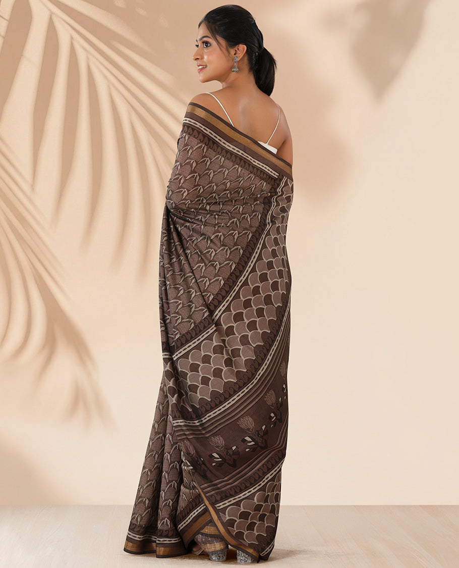 Brown intricate design chanderi cotton saree with contrast zari border & ogee design pallu