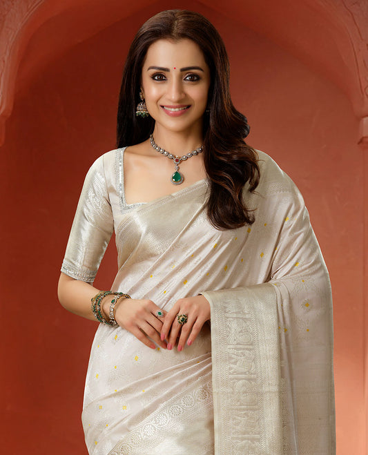 Pearl white meenakari jacquard silk saree, zari border of kodi visiry,neli,mayil & yaanai designs & grand gleaming zari woven pallu