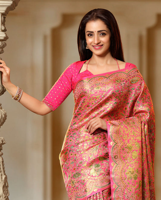 Pink floral jaal meenakari jacquard silk saree, scallop zari floral creeper design & meenakari floral design pallu