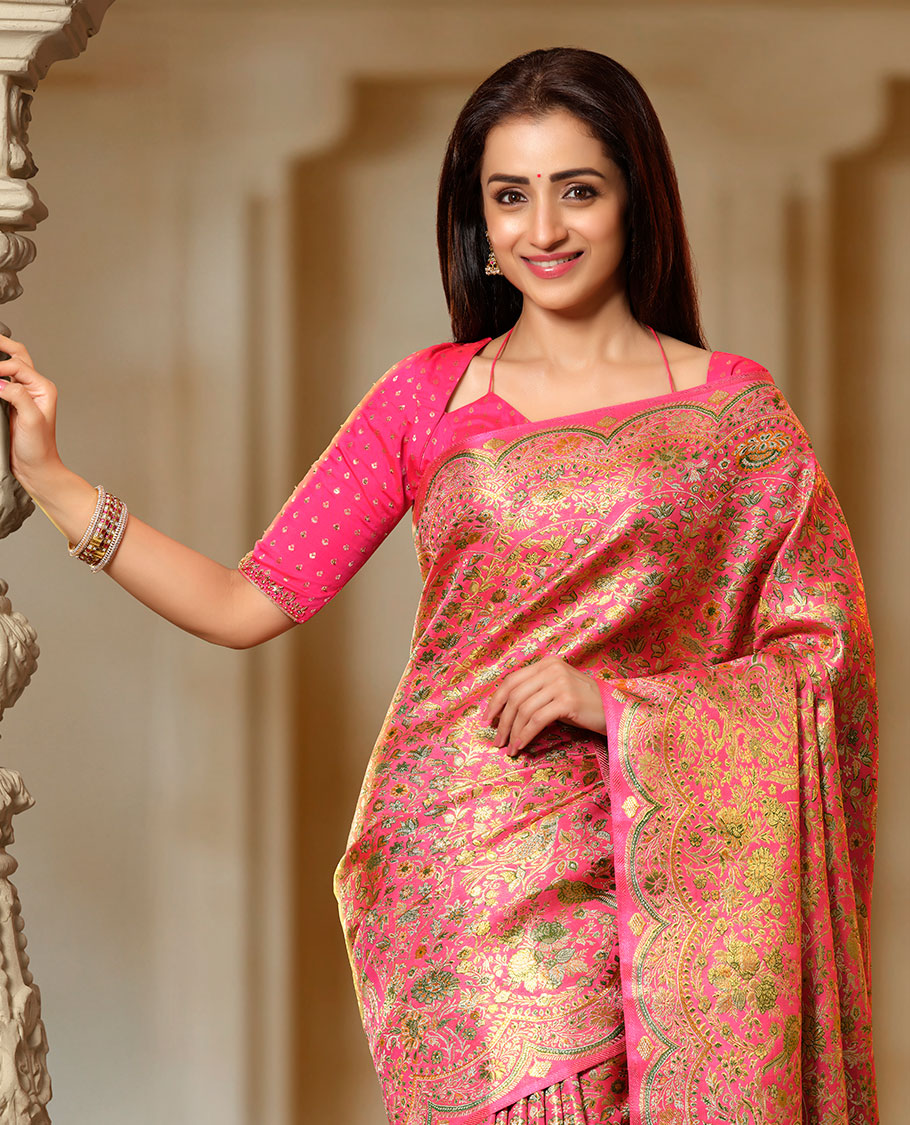 Pink floral jaal meenakari jacquard silk saree, scallop zari floral creeper design & meenakari floral design pallu