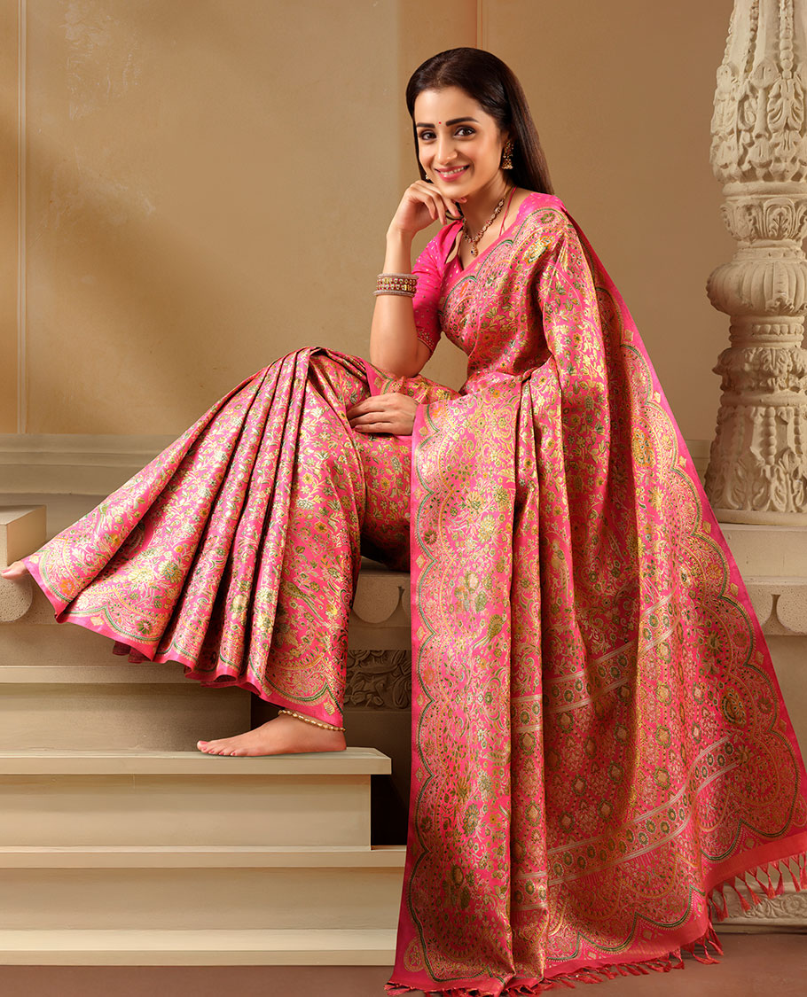Pink floral jaal meenakari jacquard silk saree, scallop zari floral creeper design & meenakari floral design pallu