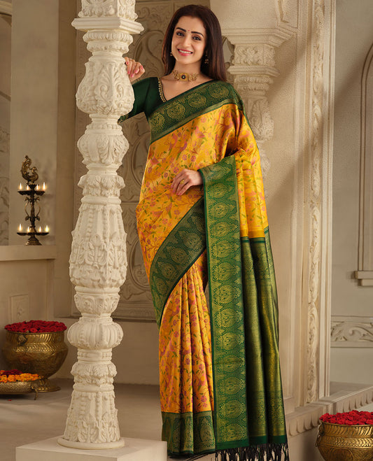 Yellow floral & bird meenakari jacquard silk saree, contrast rekku border of mayil designs & grand zari-rich intricate pallu