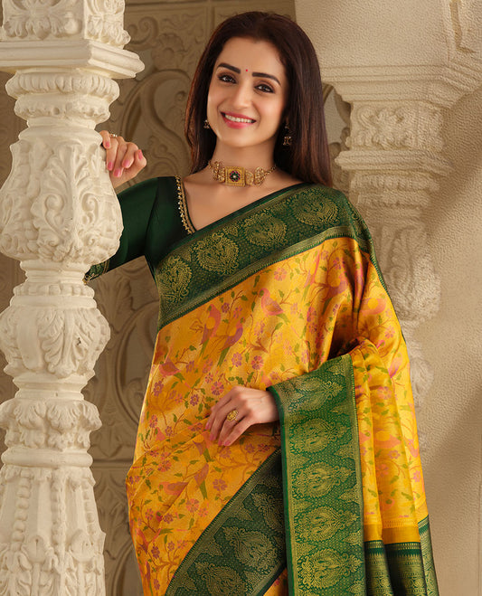 Yellow floral & bird meenakari jacquard silk saree, contrast rekku border of mayil designs & grand zari-rich intricate pallu