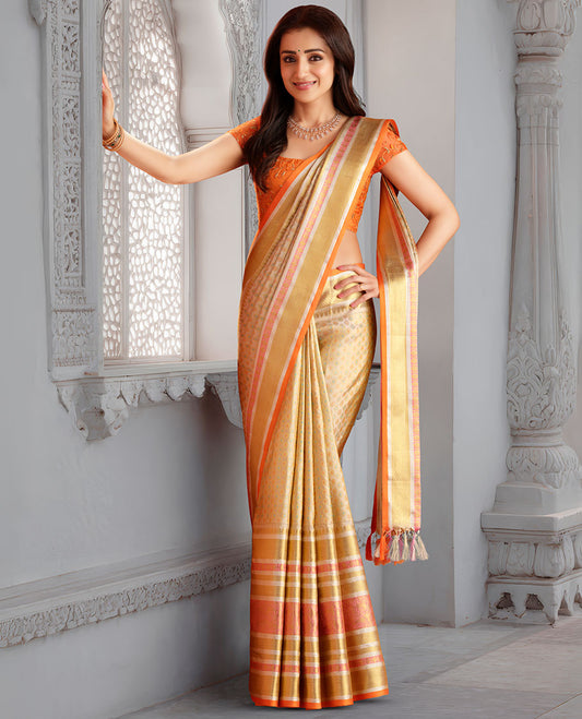 Gold meenakari zari buttas woven silk saree, contrast zari border of Banaras, poun & mayil kann design & zari woven grand pallu