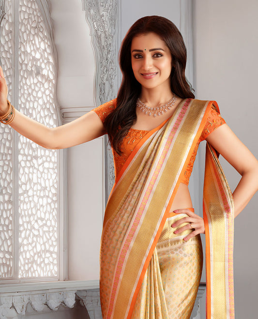 Gold meenakari zari buttas woven silk saree, contrast zari border of Banaras, poun & mayil kann design & zari woven grand pallu