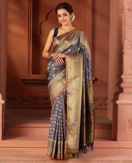 Blue floral jaal meenakari jacquard silk saree,rekku border of kodi visiry, yaanai & mayil & pallu steeped with yaanai & mayil on the palanquin motifs