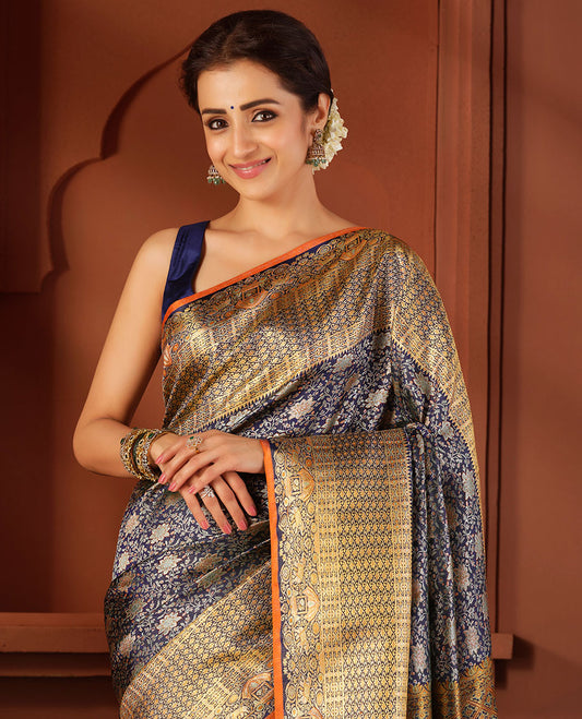Blue floral jaal meenakari jacquard silk saree,rekku border of kodi visiry, yaanai & mayil & pallu steeped with yaanai & mayil on the palanquin motifs