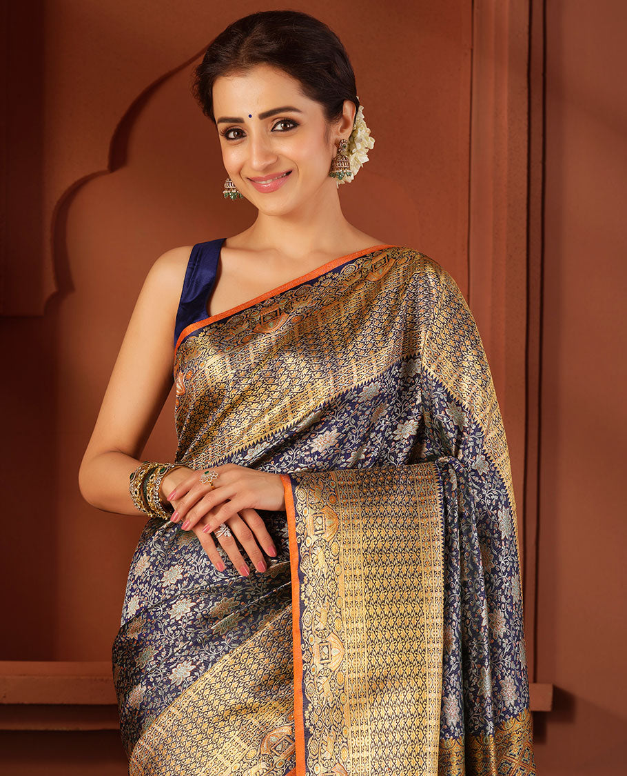 Blue floral jaal meenakari jacquard silk saree,rekku border of kodi visiry, yaanai & mayil & pallu steeped with yaanai & mayil on the palanquin motifs
