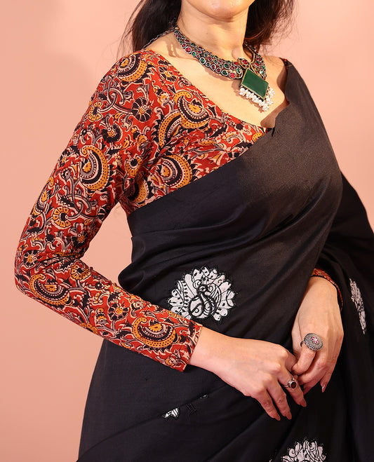 Red kalamkari-style floral vine printed front-back round neck full-sleeve cotton readymade blouse