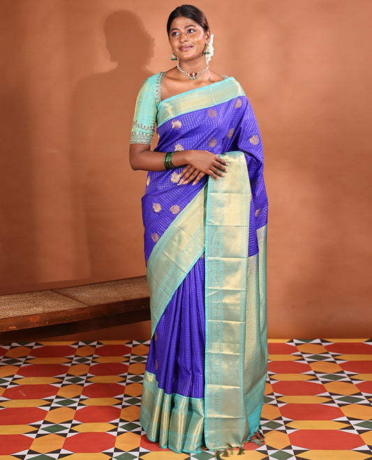 Blue Budget Silk Saree, Enriched with Peacock Buttas and Zari Checked Design on Its Body, Complemented by Contrast Traditional Zari Design Border, Grand Jaal Pallu, and Paired with a Contrast Blouse