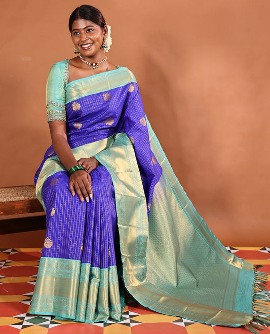Blue Budget Silk Saree, Enriched with Peacock Buttas and Zari Checked Design on Its Body, Complemented by Contrast Traditional Zari Design Border, Grand Jaal Pallu, and Paired with a Contrast Blouse