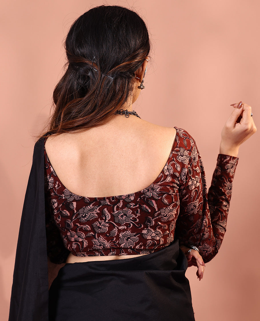 Maroon floral vine printed round neck full-sleeve cotton readymade blouse