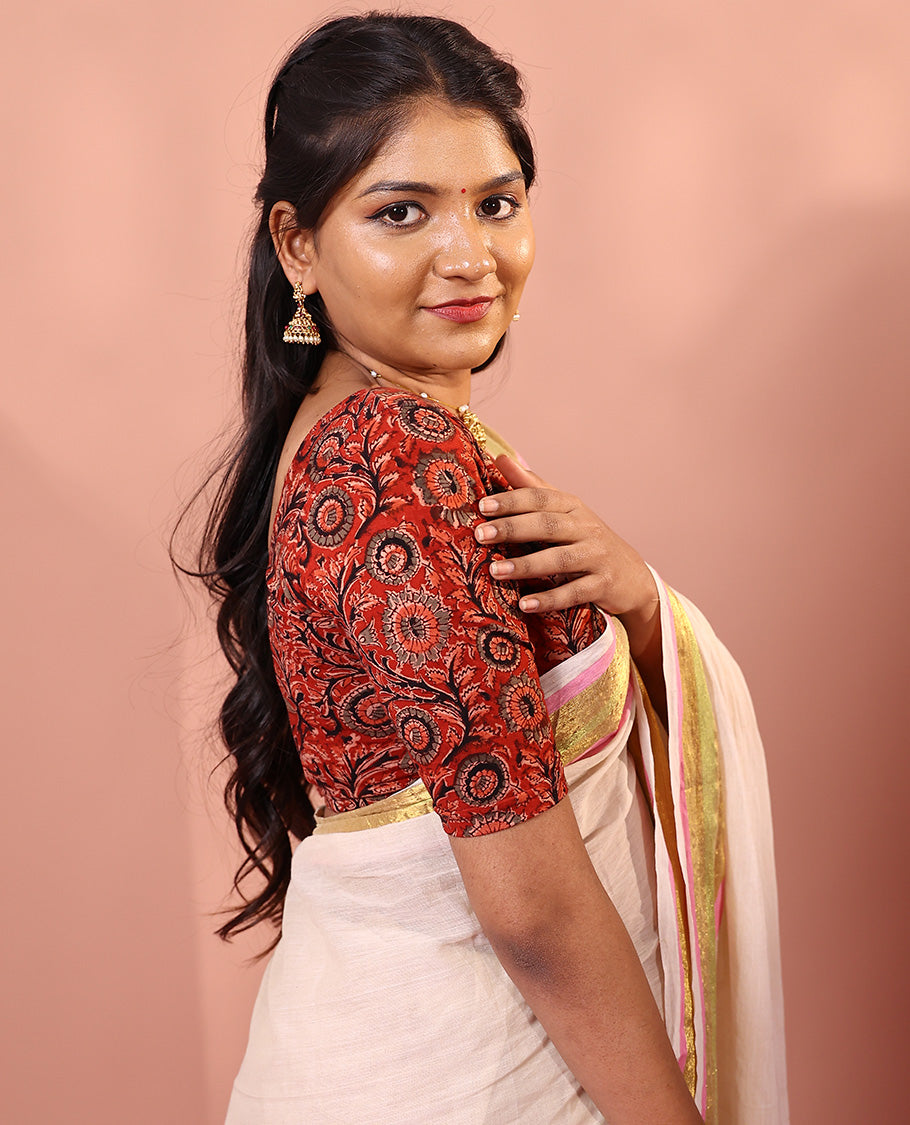 Red kalamkari floral vine printed front and back round neck elbow sleeve cotton readymade blouse