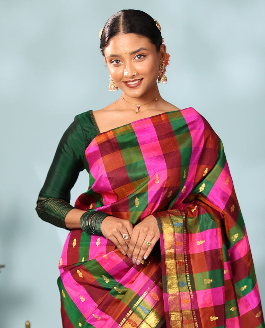 Multi-color checked with zari buttas Kanchipuram silk saree, traditional zari border, and zari design pallu