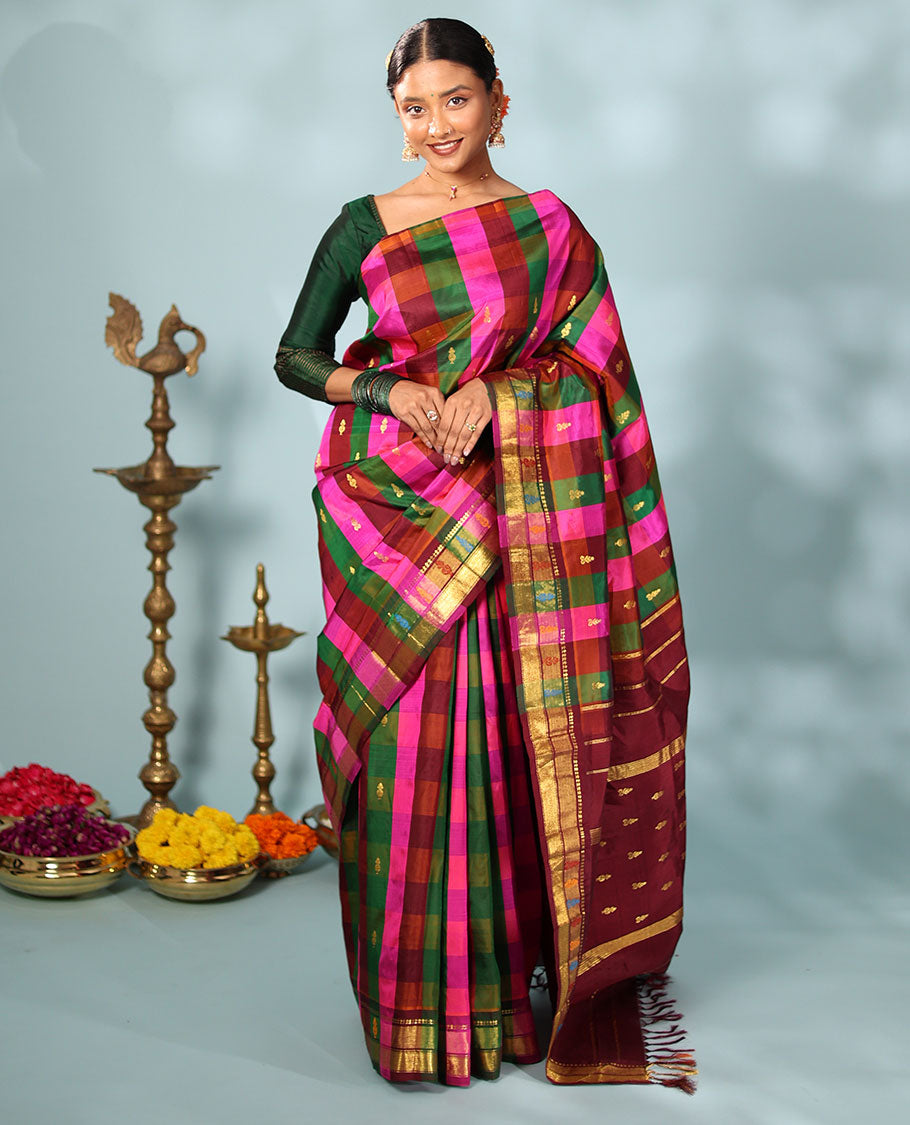 Multi-color checked with zari buttas Kanchipuram silk saree, traditional zari border, and zari design pallu