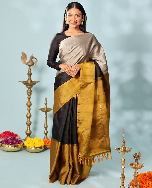 Borderless Grey, black, and Mustard tri-colored combo Kanchipuram silk saree with two-horizontal thick zari striped running on its body and pallu