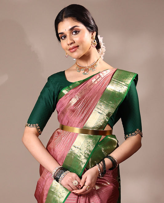 Onion pink veldari stripes, diamond, kamalam design silk saree, contrast border of  rekku, mayil kann, and kili motifs, and intricate pallu