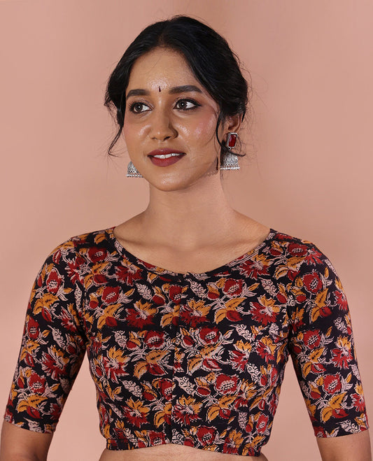 Black Readymade Blouse Artfully Detailed with Floral Motifs Print, Featuring Front Round Neck, Back Boat Neck, and Half-Sleeves