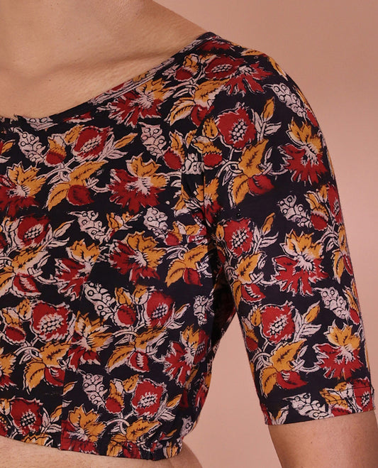 Black Readymade Blouse Artfully Detailed with Floral Motifs Print, Featuring Front Round Neck, Back Boat Neck, and Half-Sleeves